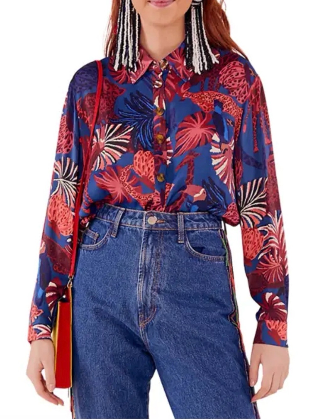 Farm Rio Animal Tapestry Navy Blue and Red Button Down Blouse Shirt safari